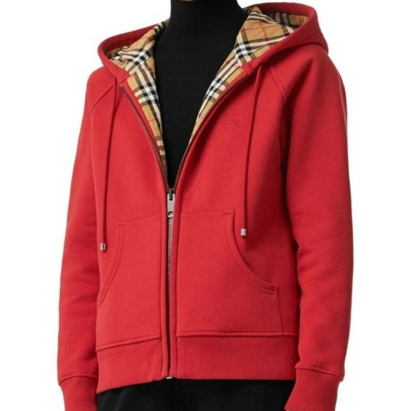 BURBERRY RED HACKFALL HOODIE WITH CHECK PLAID HOOD - Picture 1 of 10